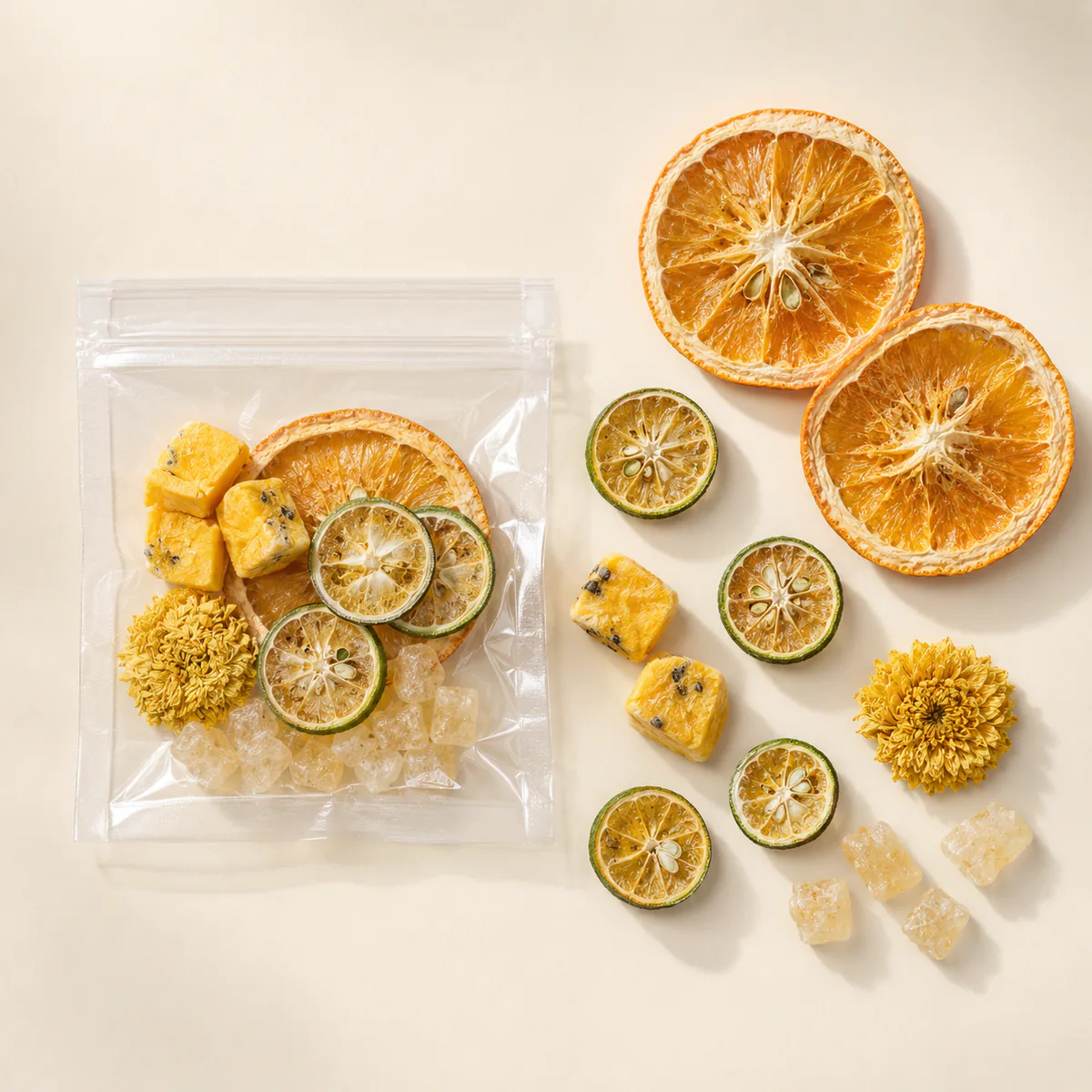 Chrysanthemum Orange Fruit Tea the dry ingredients and transparent serving pouch arranged from above featuring orange slices, green-kumquat slices, one whole golden chrysanthemum and passion fruit in a golden infusion