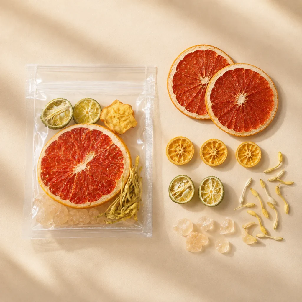 Honeysuckle Grapefruit Tea the dry ingredients and transparent serving pouch arranged from above featuring a large grapefruit slice, layered kumquat and slender pale-golden honeysuckle buds in a light infusion