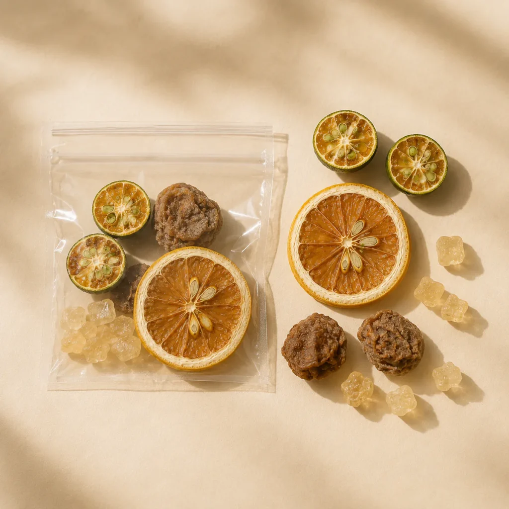 Salted Lemon Tea the dry ingredients and transparent serving pouch arranged from above featuring a large lemon slice, green-kumquat halves and dark preserved plums in a golden infusion