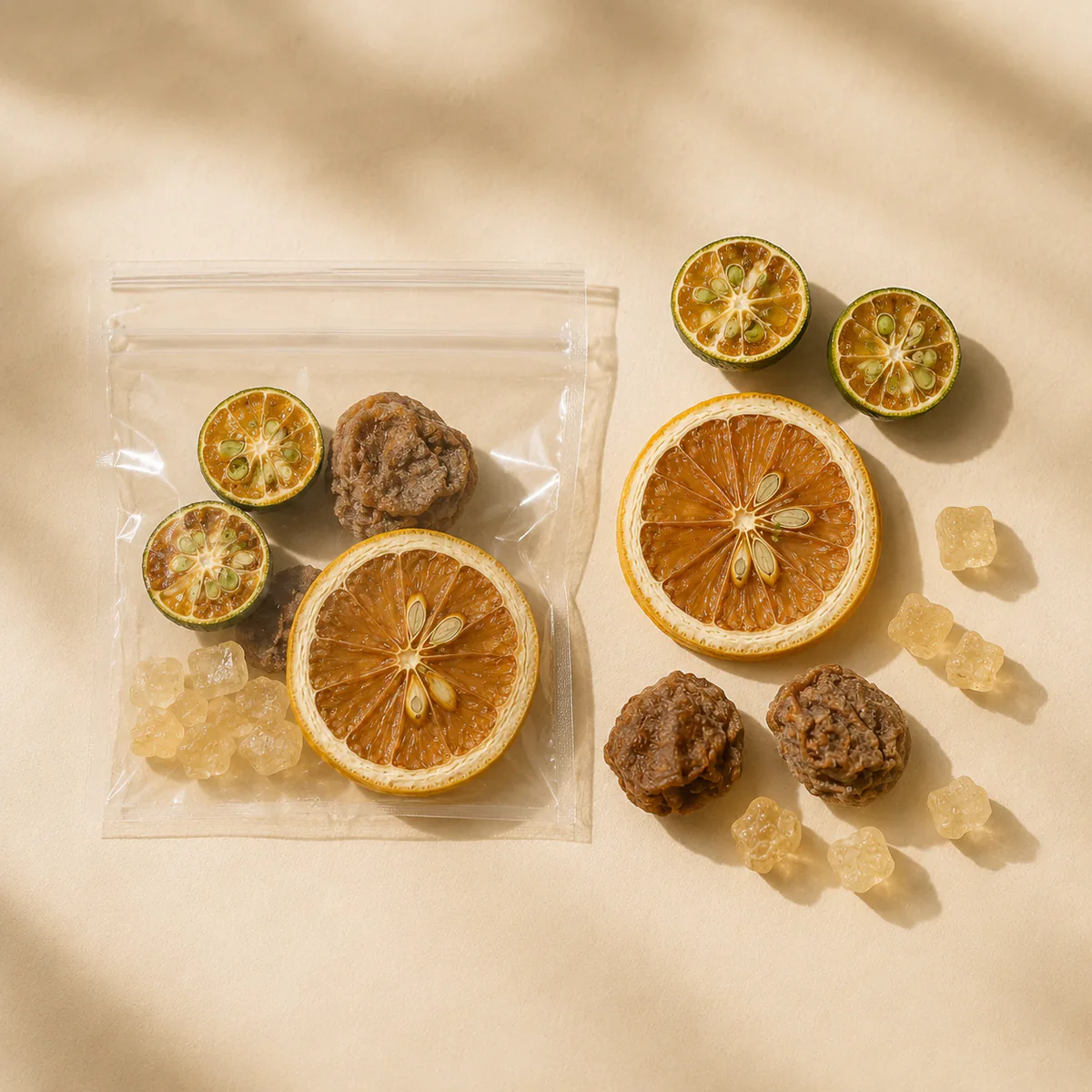 Salted Lemon Tea the dry ingredients and transparent serving pouch arranged from above featuring a large lemon slice, green-kumquat halves and dark preserved plums in a golden infusion