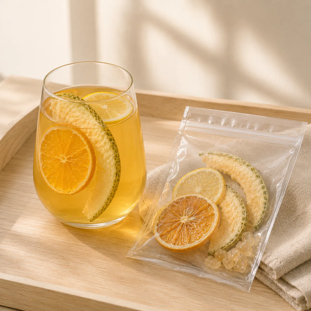 Cantaloupe Orange Fruit Tea a brewed glass and transparent serving pouch arranged on a tray featuring curved open half-ring cantaloupe slices, orange slices and lemon slices in a golden infusion