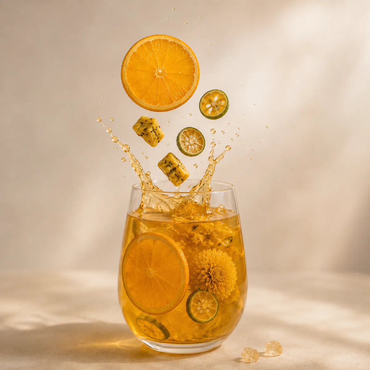 Chrysanthemum Orange Fruit Tea large intact ingredients entering a brewed glass in a controlled splash featuring orange slices, green-kumquat slices, one whole golden chrysanthemum and passion fruit in a golden infusion
