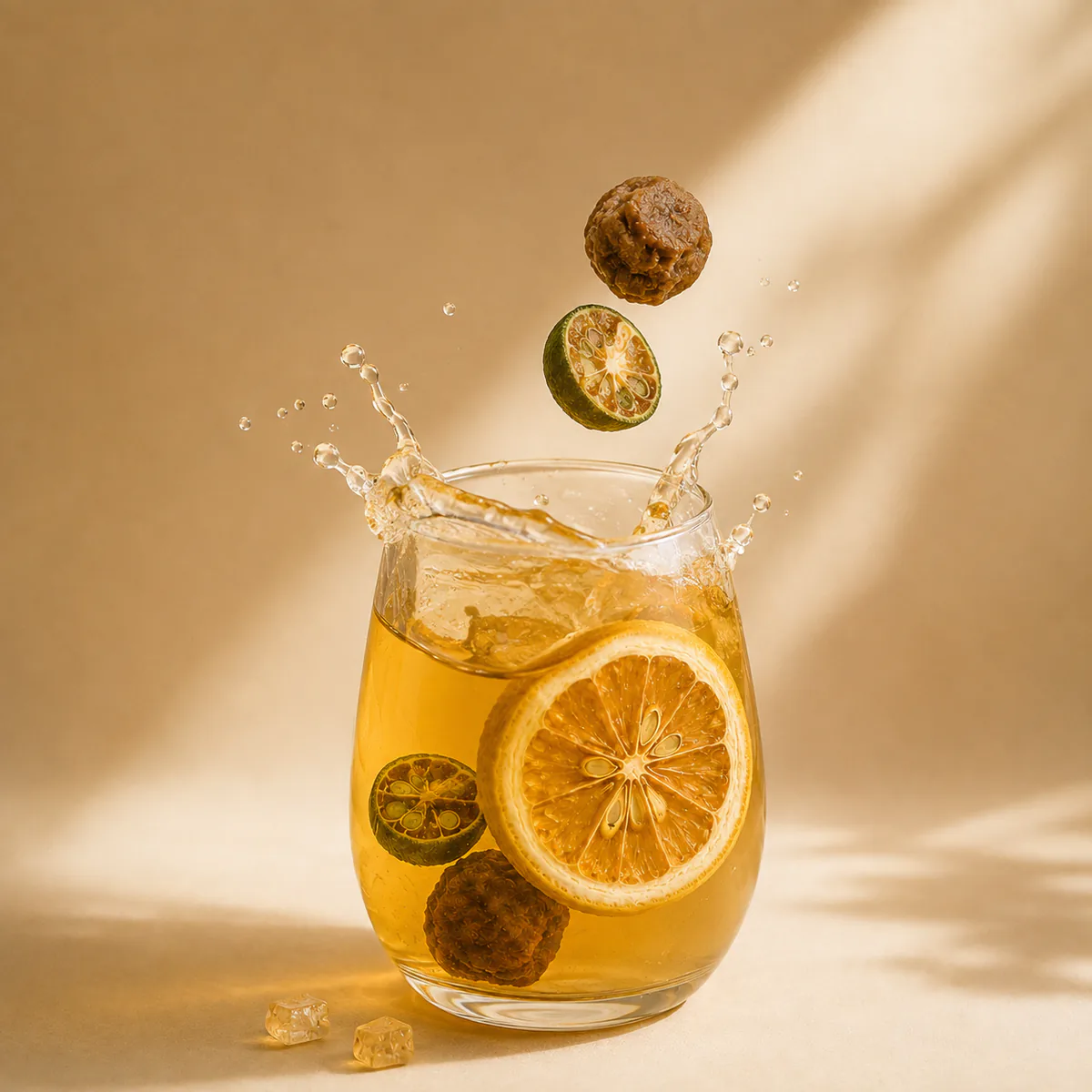 Salted Lemon Tea large intact ingredients entering a brewed glass in a controlled splash featuring a large lemon slice, green-kumquat halves and dark preserved plums in a golden infusion
