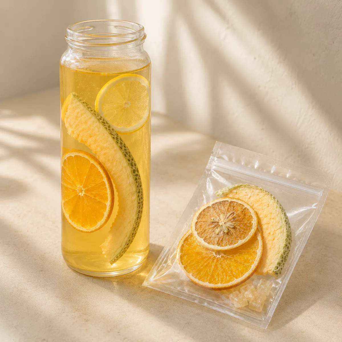 Cantaloupe Orange Fruit Tea a clear cold-brew bottle beside the transparent serving pouch featuring curved open half-ring cantaloupe slices, orange slices and lemon slices in a golden infusion