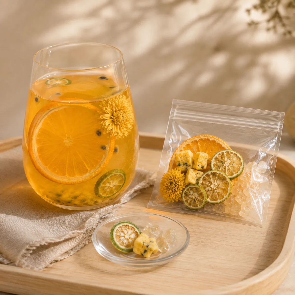 Chrysanthemum Orange Fruit Tea a brewed glass and transparent serving pouch arranged on a tray featuring orange slices, green-kumquat slices, one whole golden chrysanthemum and passion fruit in a golden infusion