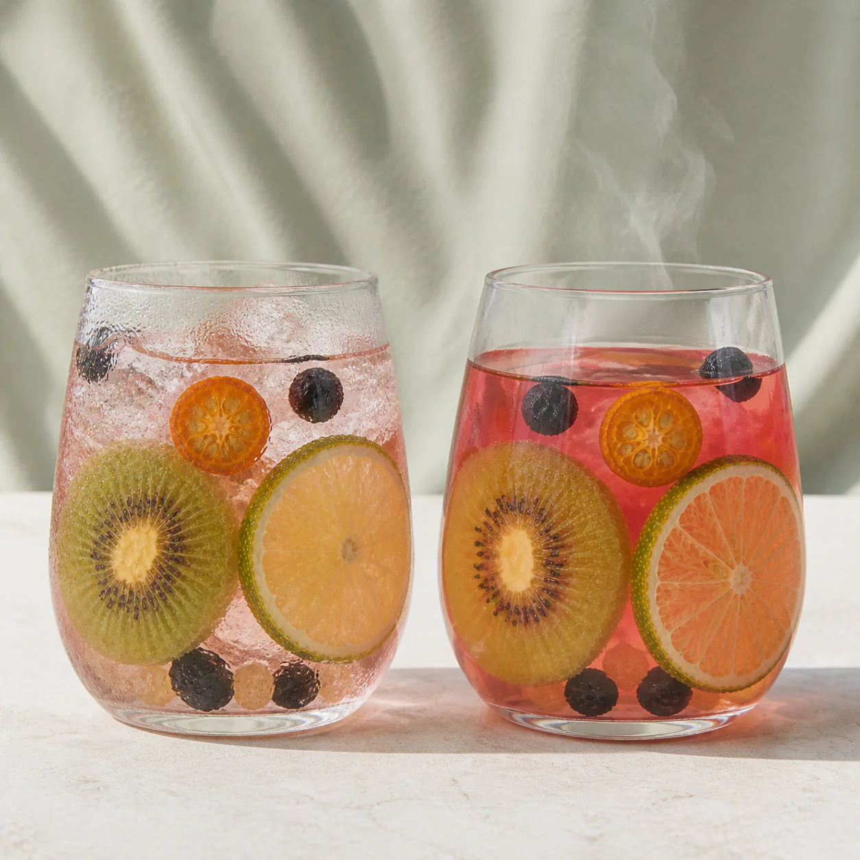 Lemon Black Currant Fruit Tea cold and gently warm lemon black currant fruit tea glasses shown side by side