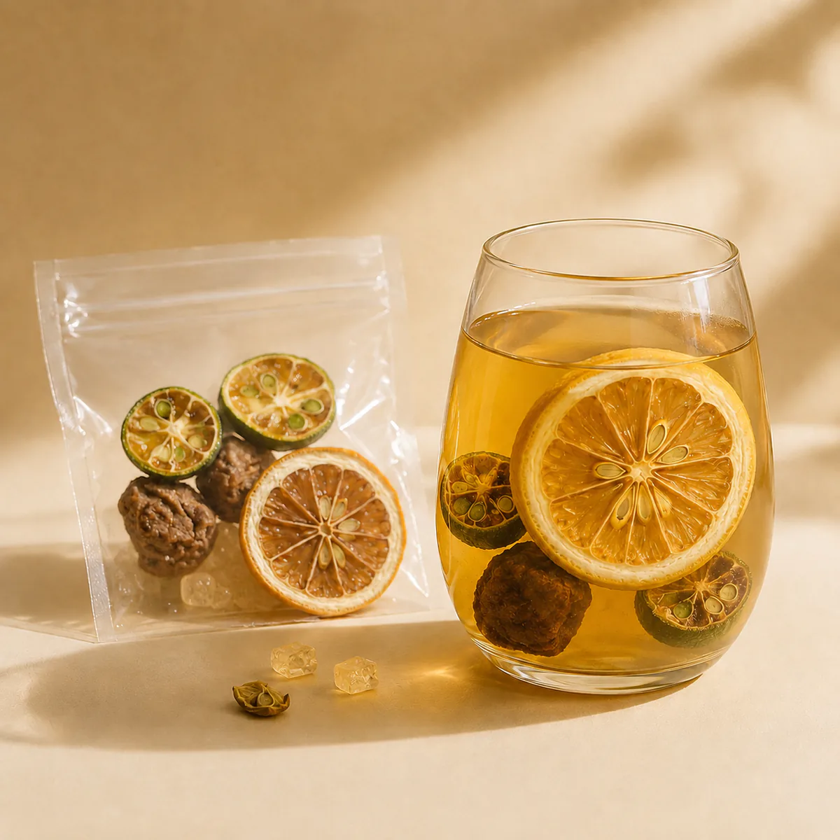 Salted Lemon Tea a brewed glass and transparent serving pouch arranged on a tray featuring a large lemon slice, green-kumquat halves and dark preserved plums in a golden infusion