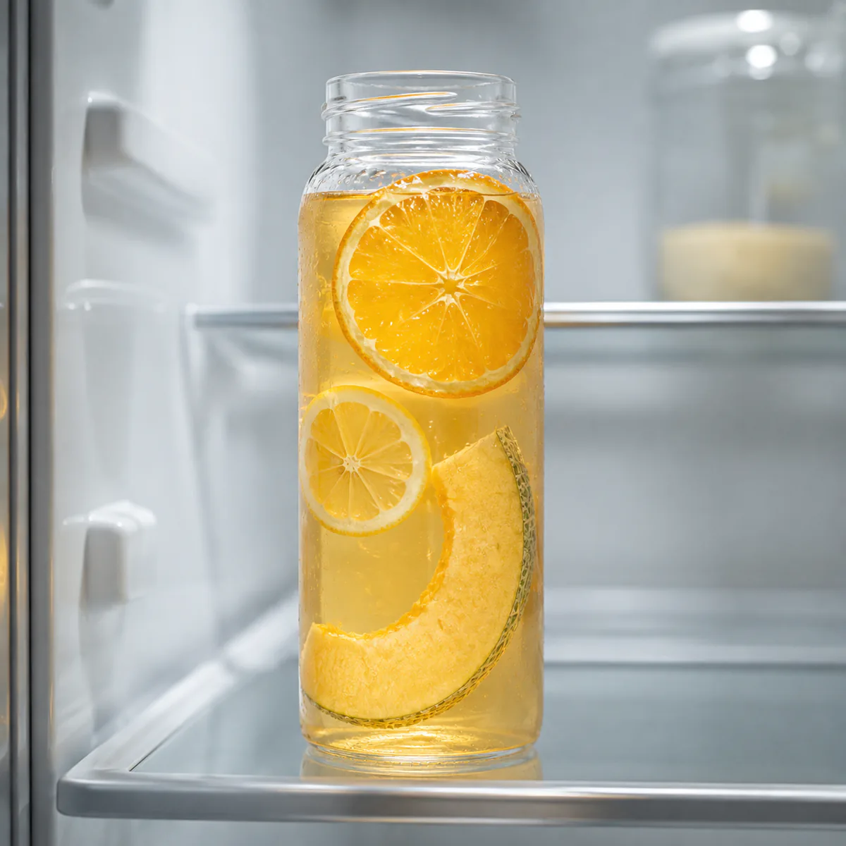Cantaloupe Orange Fruit Tea a clear cold-brew bottle stored on a refrigerator shelf featuring curved open half-ring cantaloupe slices, orange slices and lemon slices in a golden infusion