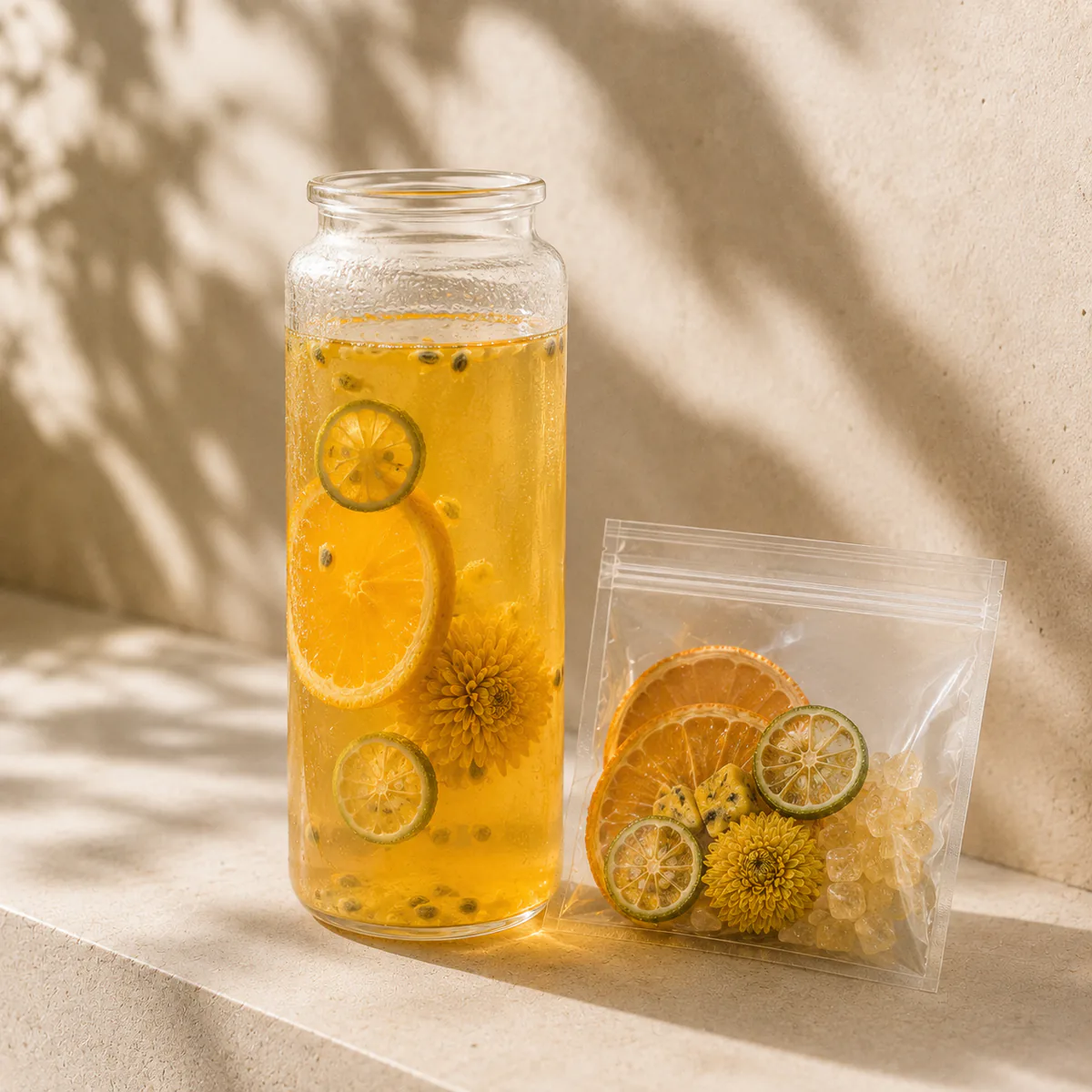 Chrysanthemum Orange Fruit Tea a clear cold-brew bottle beside the transparent serving pouch featuring orange slices, green-kumquat slices, one whole golden chrysanthemum and passion fruit in a golden infusion