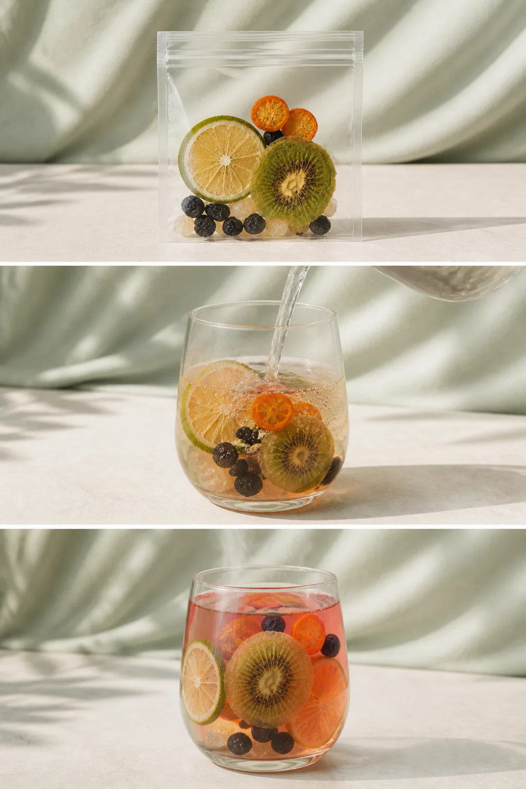 Lemon Black Currant Fruit Tea three-step cold-brew preparation from serving pouch to finished glass