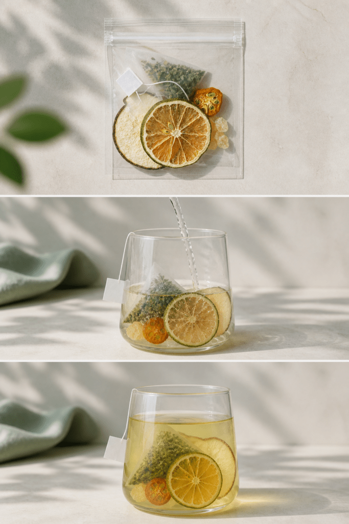 Mint Lime Tea three-step cold-brew preparation from serving pouch to finished glass