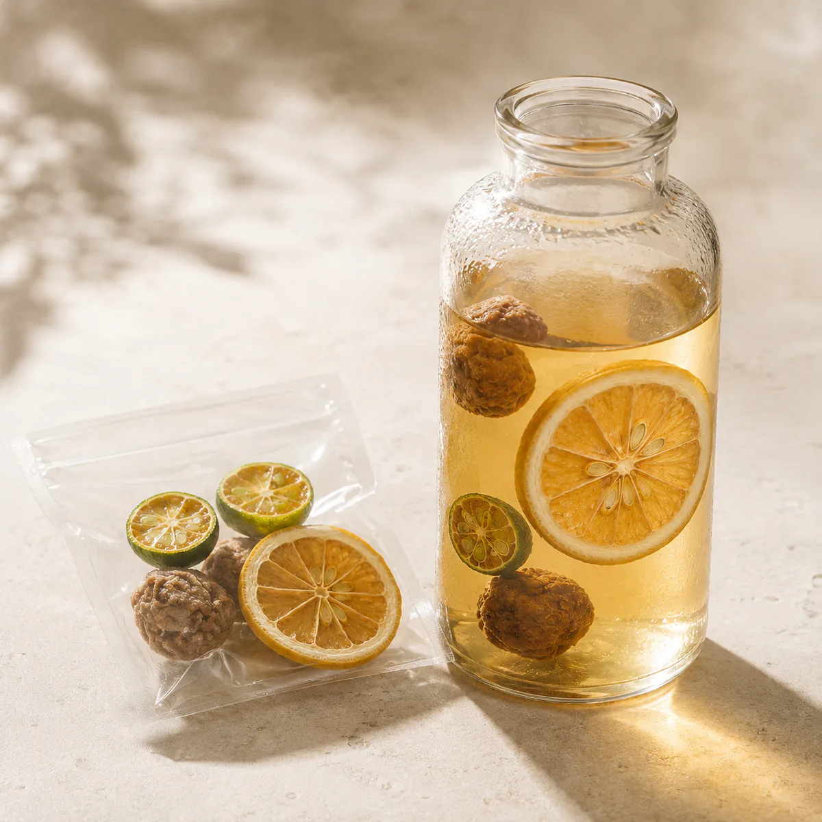 Salted Lemon Tea a clear cold-brew bottle beside the transparent serving pouch featuring a large lemon slice, green-kumquat halves and dark preserved plums in a golden infusion