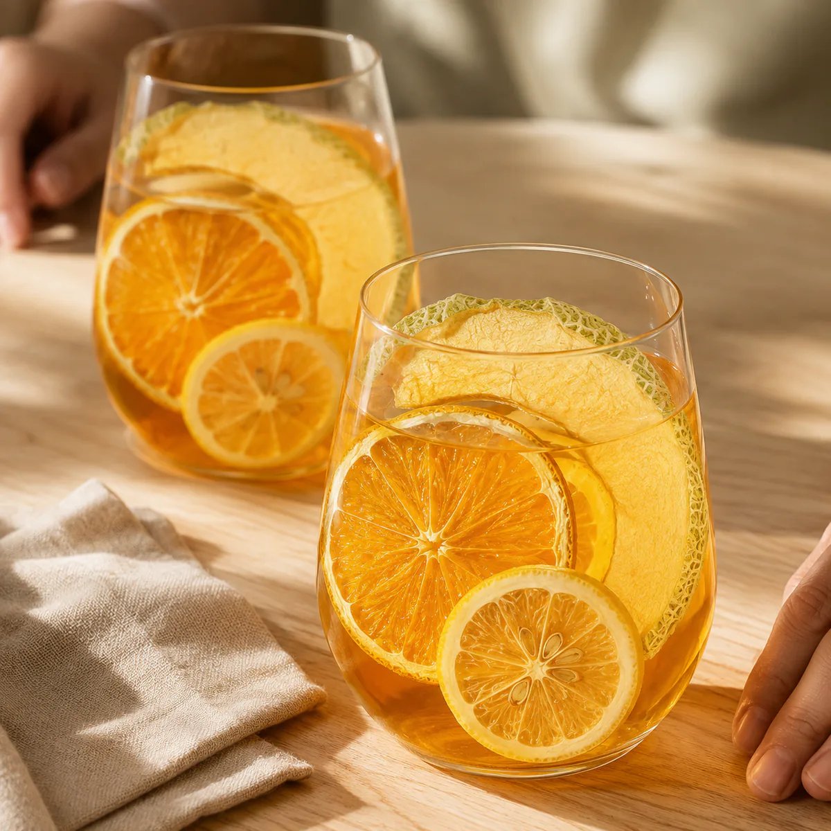 Cantaloupe Orange Fruit Tea two brewed glasses arranged for sharing featuring curved open half-ring cantaloupe slices, orange slices and lemon slices in a golden infusion