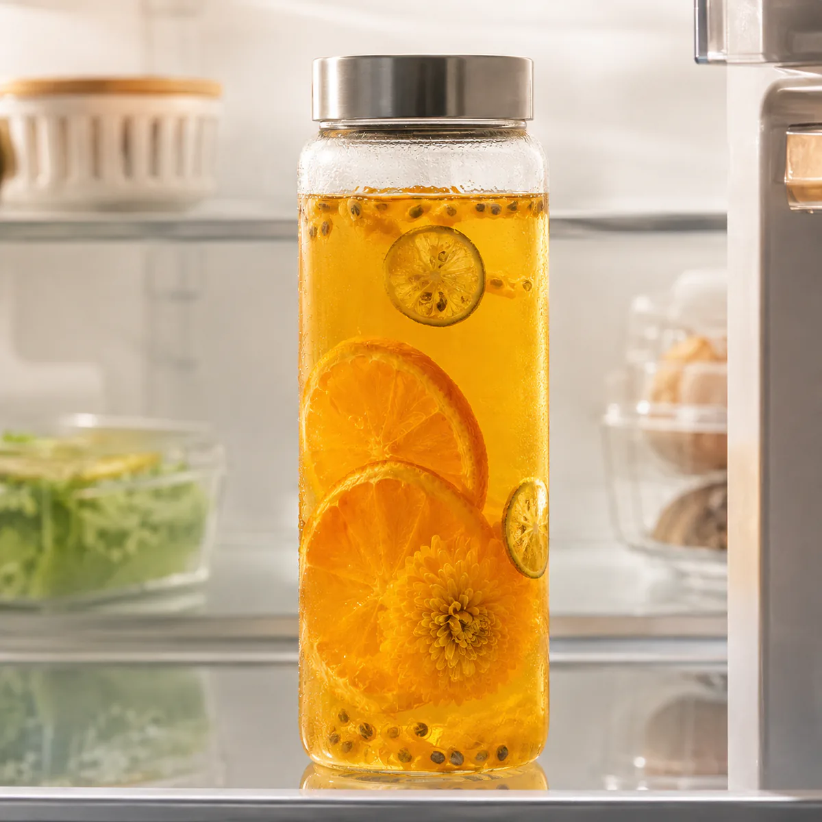 Chrysanthemum Orange Fruit Tea a clear cold-brew bottle stored on a refrigerator shelf featuring orange slices, green-kumquat slices, one whole golden chrysanthemum and passion fruit in a golden infusion