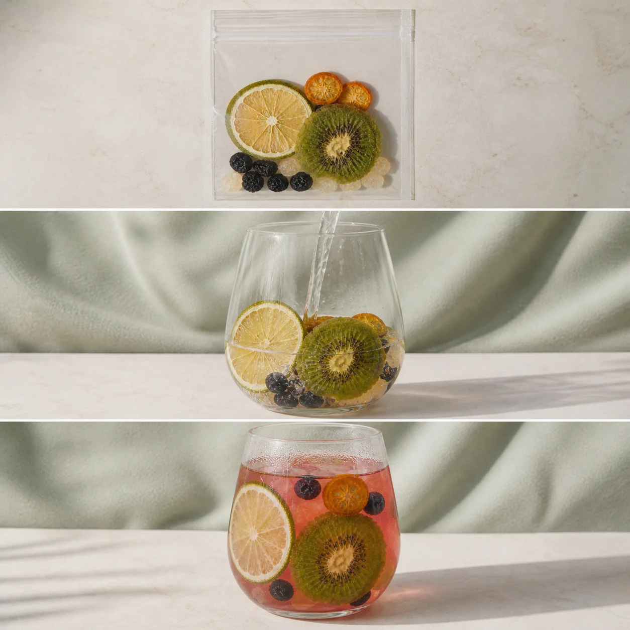 Lemon Black Currant Fruit Tea three-step gentle-warm preparation from serving pouch to finished glass