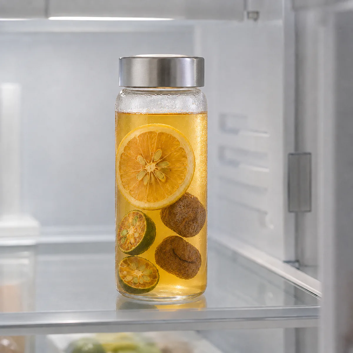 Salted Lemon Tea a clear cold-brew bottle stored on a refrigerator shelf featuring a large lemon slice, green-kumquat halves and dark preserved plums in a golden infusion