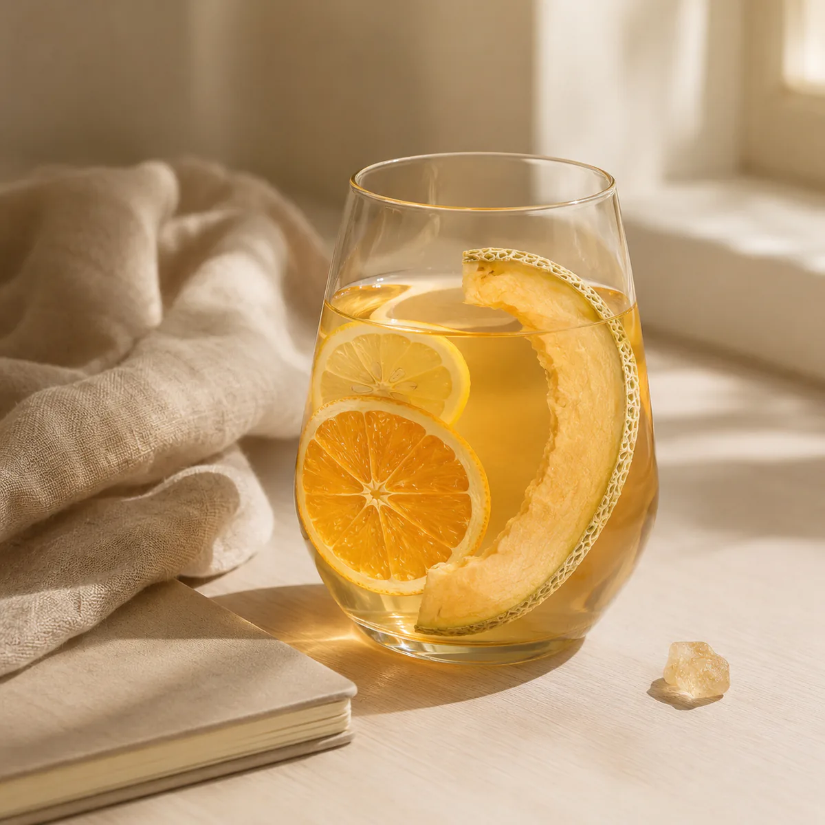 Cantaloupe Orange Fruit Tea a brewed glass in warm window light beside quiet everyday objects featuring curved open half-ring cantaloupe slices, orange slices and lemon slices in a golden infusion