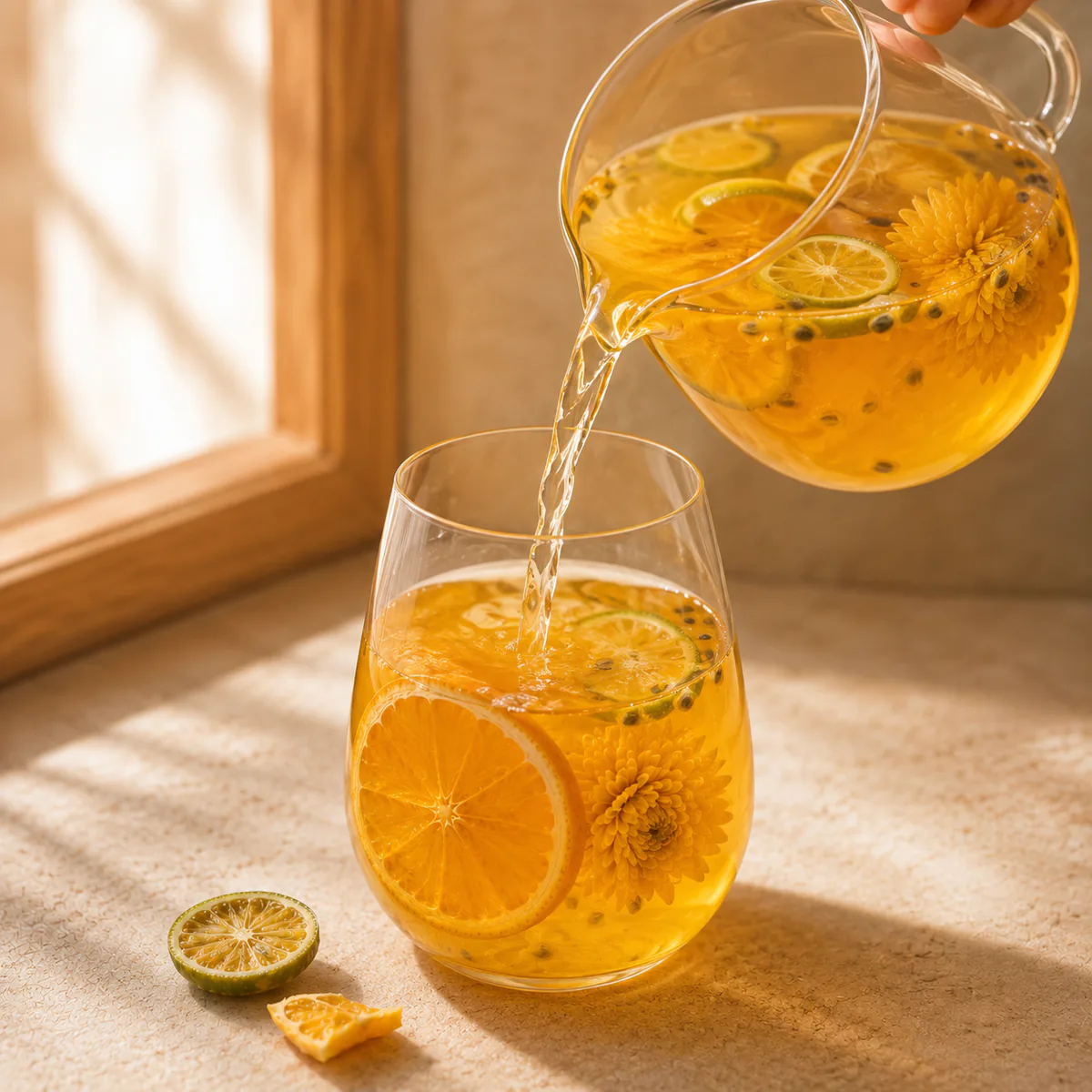 Chrysanthemum Orange Fruit Tea golden fruit infusion being poured into a prepared glass featuring orange slices, green-kumquat slices, one whole golden chrysanthemum and passion fruit in a golden infusion