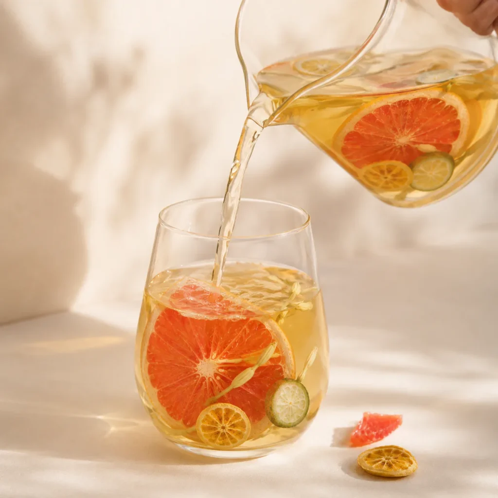 Honeysuckle Grapefruit Tea golden fruit infusion being poured into a prepared glass featuring a large grapefruit slice, layered kumquat and slender pale-golden honeysuckle buds in a light infusion