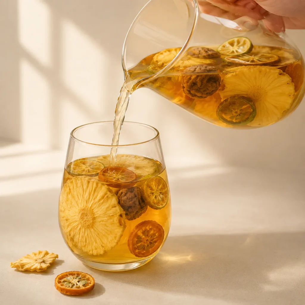 Pineapple Preserved Plum Fruit Drink golden fruit infusion being poured into a prepared glass featuring pineapple slices, green and golden kumquat, and dark preserved plums in a golden infusion