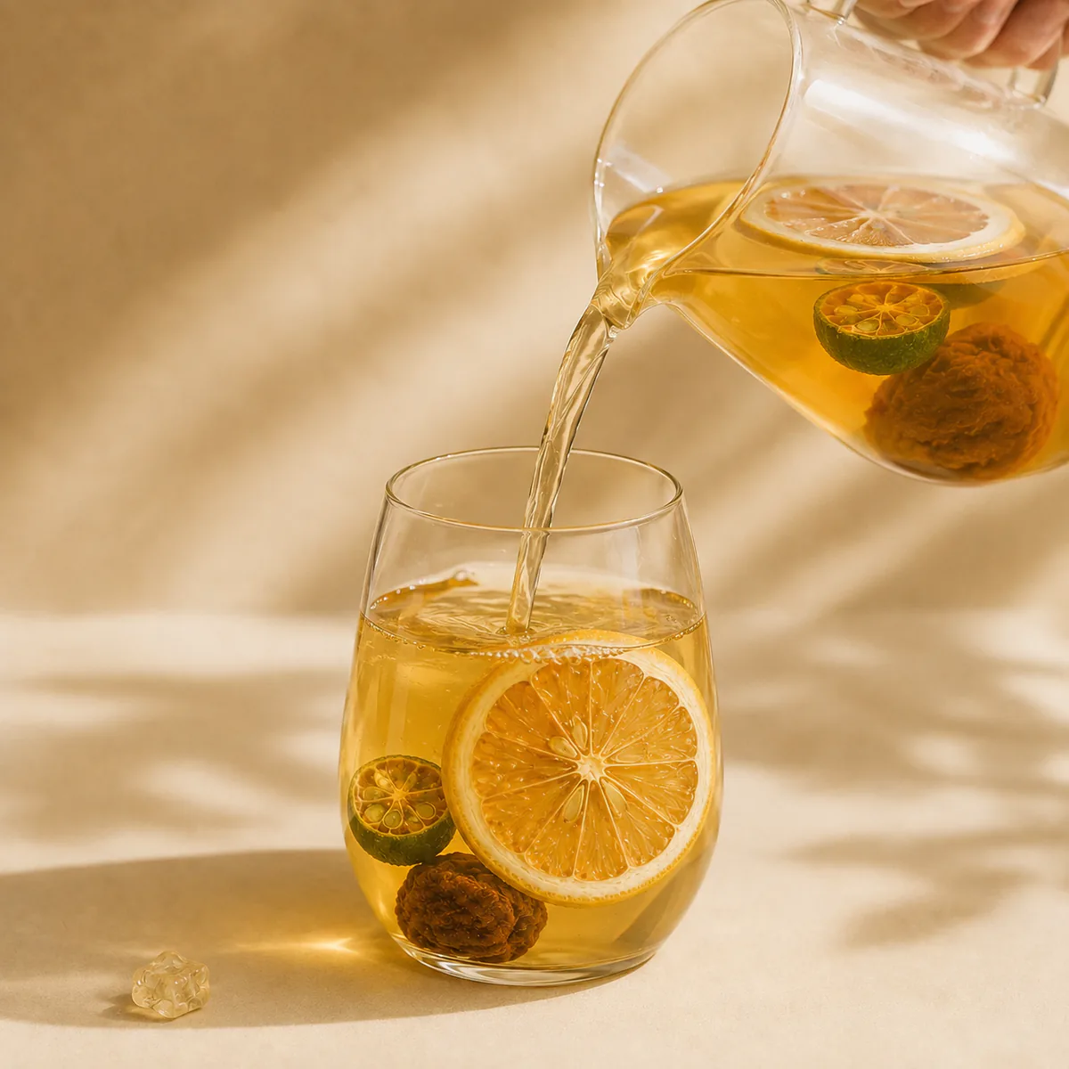 Salted Lemon Tea golden fruit infusion being poured into a prepared glass featuring a large lemon slice, green-kumquat halves and dark preserved plums in a golden infusion
