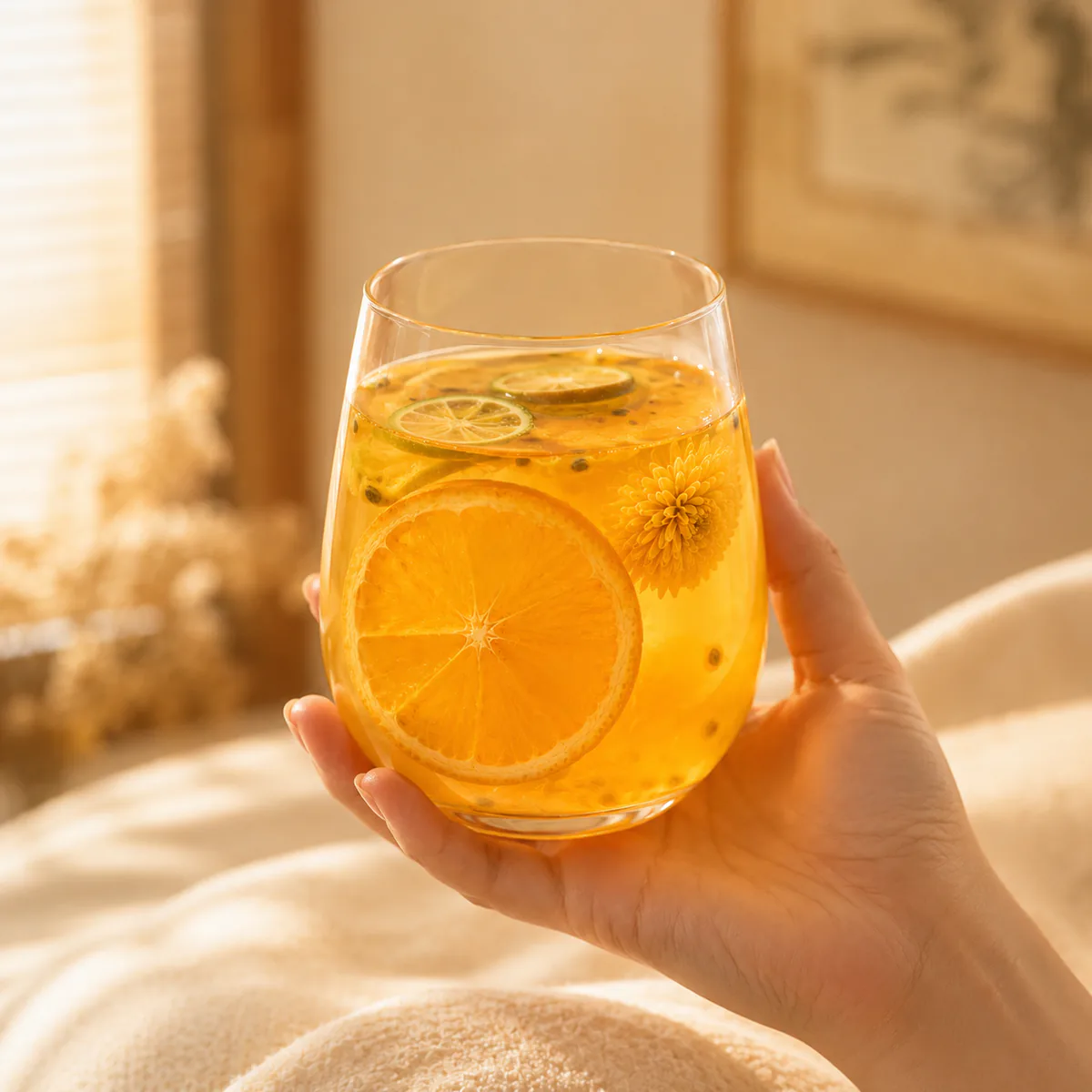 Chrysanthemum Orange Fruit Tea an adult hand holding the brewed fruit infusion featuring orange slices, green-kumquat slices, one whole golden chrysanthemum and passion fruit in a golden infusion