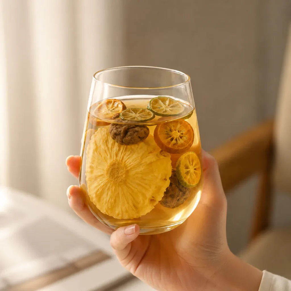 Pineapple Preserved Plum Fruit Drink an adult hand holding the brewed fruit infusion featuring pineapple slices, green and golden kumquat, and dark preserved plums in a golden infusion