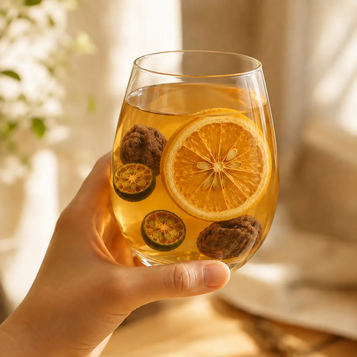 Salted Lemon Tea an adult hand holding the brewed fruit infusion featuring a large lemon slice, green-kumquat halves and dark preserved plums in a golden infusion