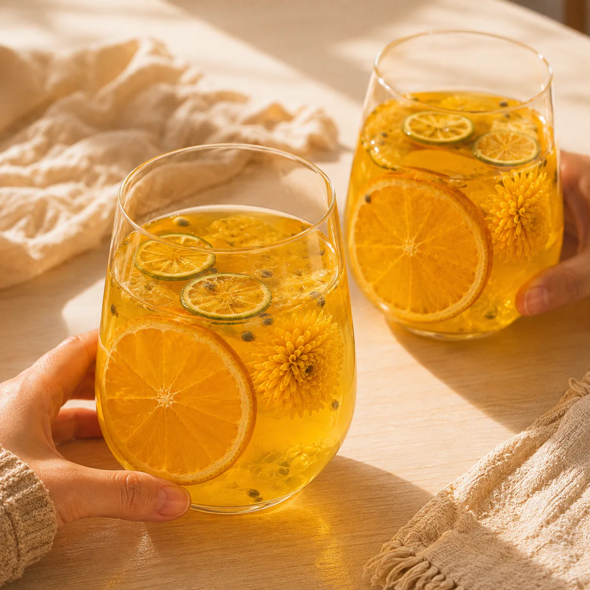 Chrysanthemum Orange Fruit Tea two brewed glasses arranged for sharing featuring orange slices, green-kumquat slices, one whole golden chrysanthemum and passion fruit in a golden infusion