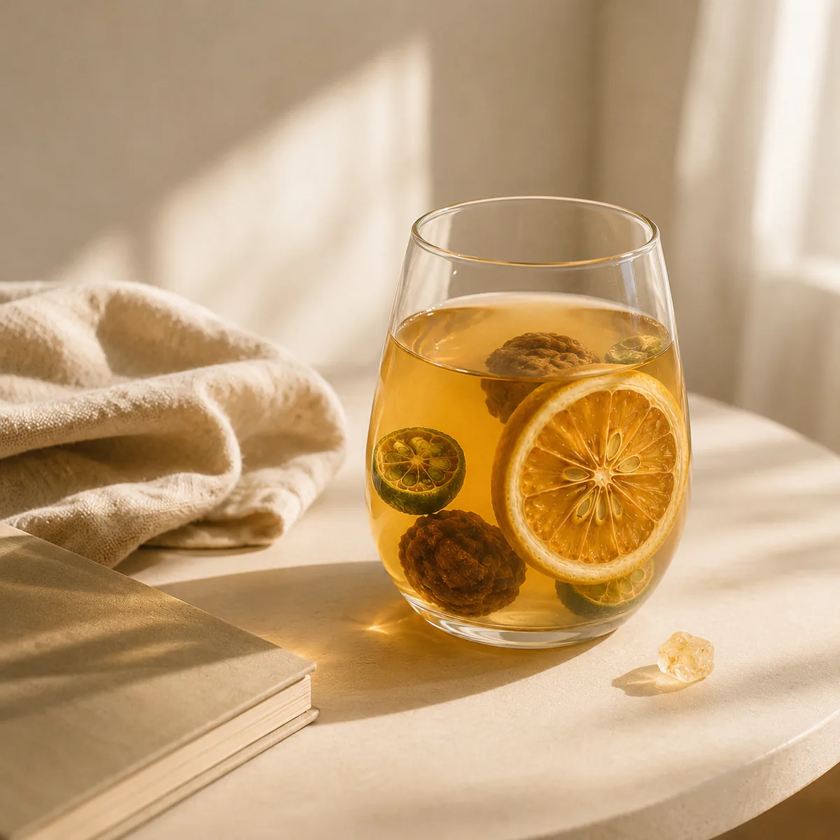 Salted Lemon Tea a brewed glass in warm window light beside quiet everyday objects featuring a large lemon slice, green-kumquat halves and dark preserved plums in a golden infusion