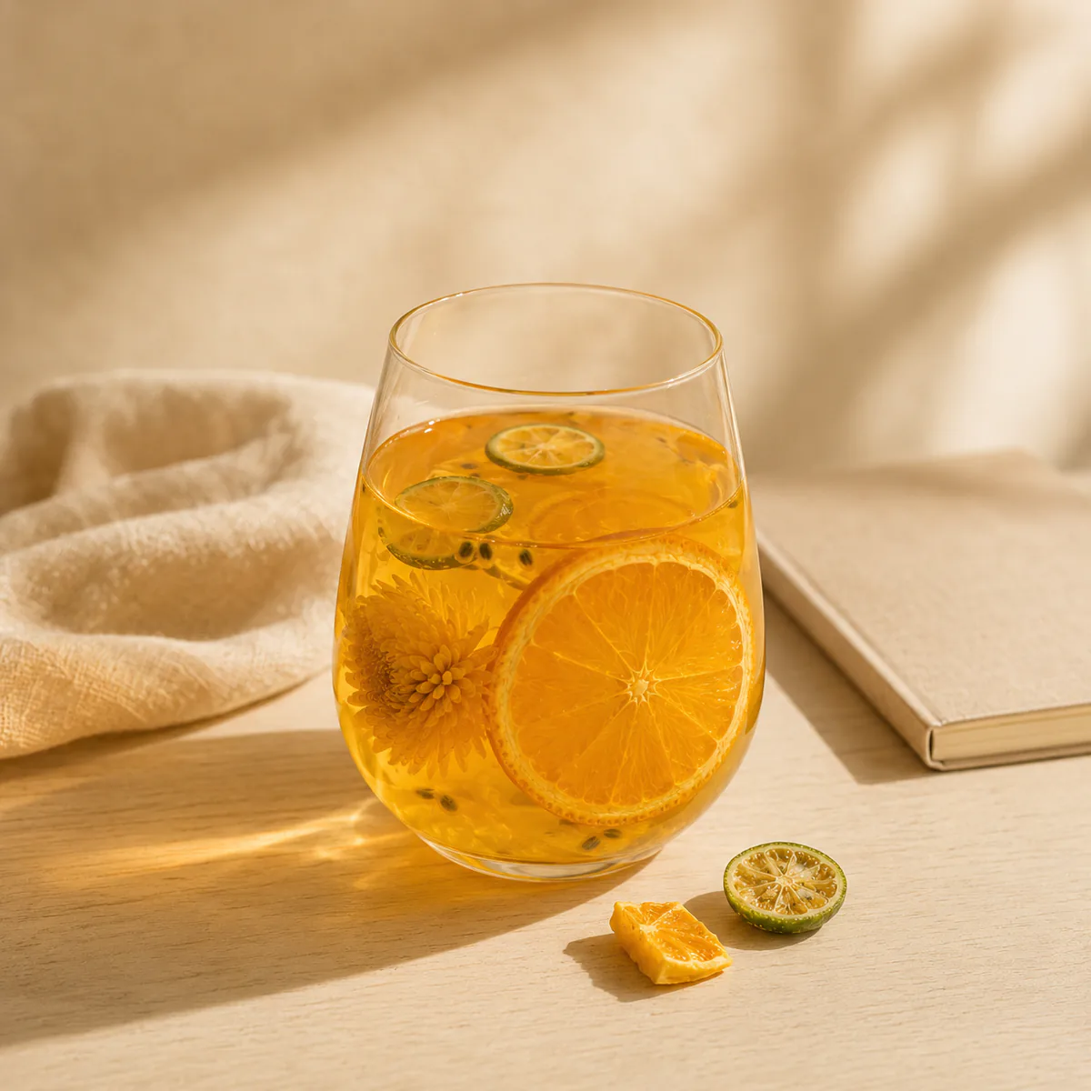 Chrysanthemum Orange Fruit Tea a brewed glass in warm window light beside quiet everyday objects featuring orange slices, green-kumquat slices, one whole golden chrysanthemum and passion fruit in a golden infusion