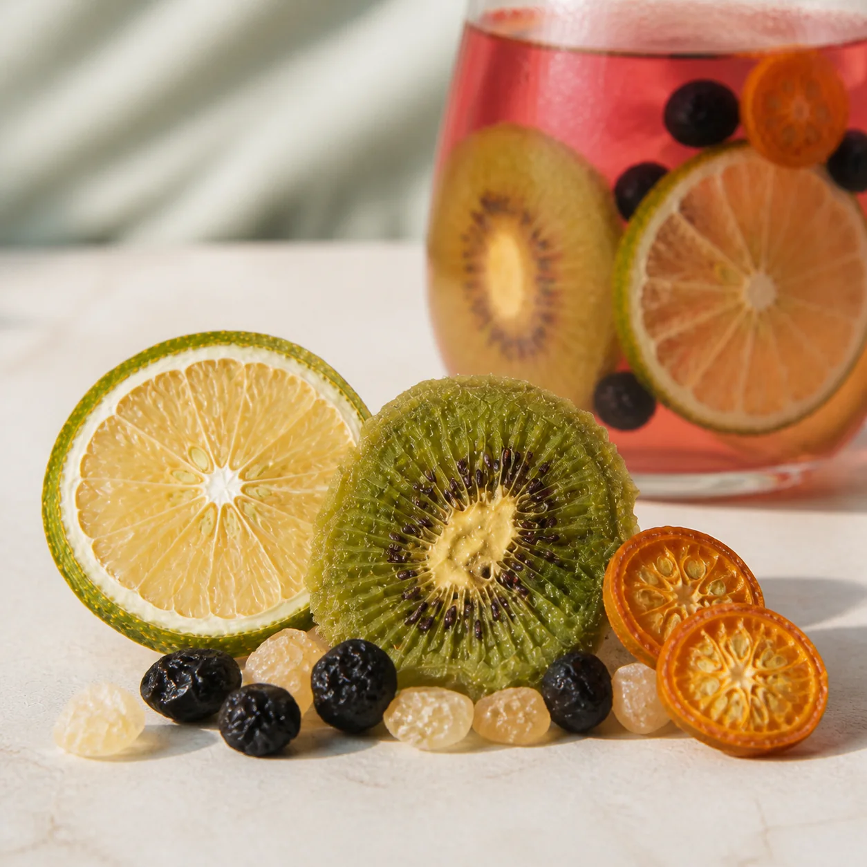 Lemon Black Currant Fruit Tea lime, black currant, kiwi, kumquat and pale amber rock sugar flavor story