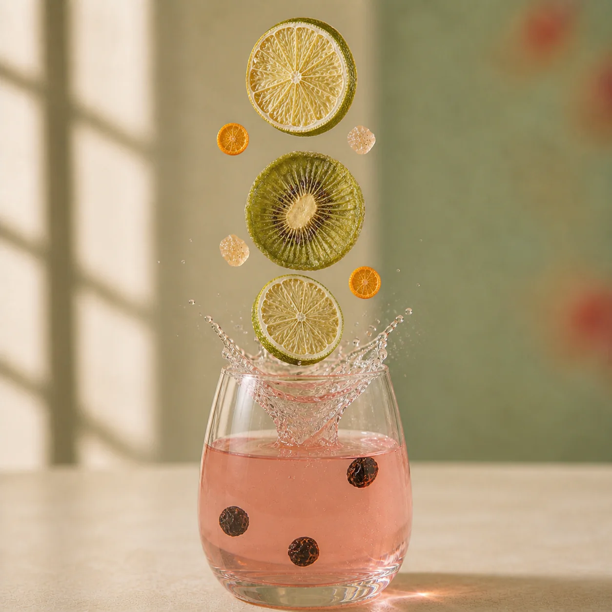Lemon Black Currant Fruit Tea ingredients striking the water in a dynamic splash with lime, black currant, kiwi, kumquat and pale amber rock sugar