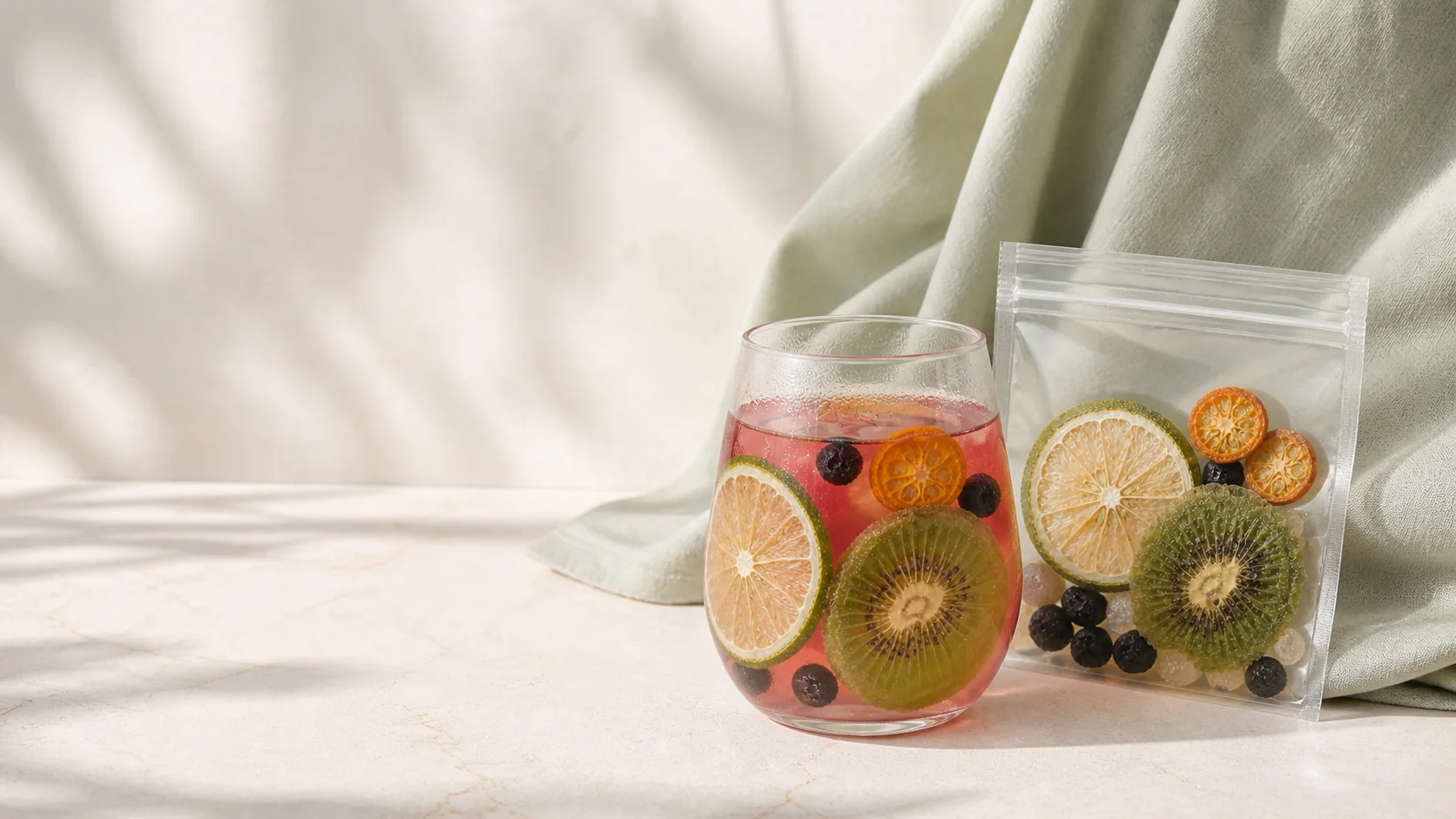 Lemon Black Currant Fruit Tea wide lemon black currant fruit tea banner with glass and transparent serving pouch