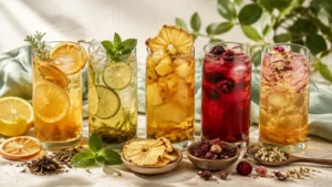 Five colorful Cozyslip fruit tea cold brews representing citrus, mint, tropical, berry and floral flavors