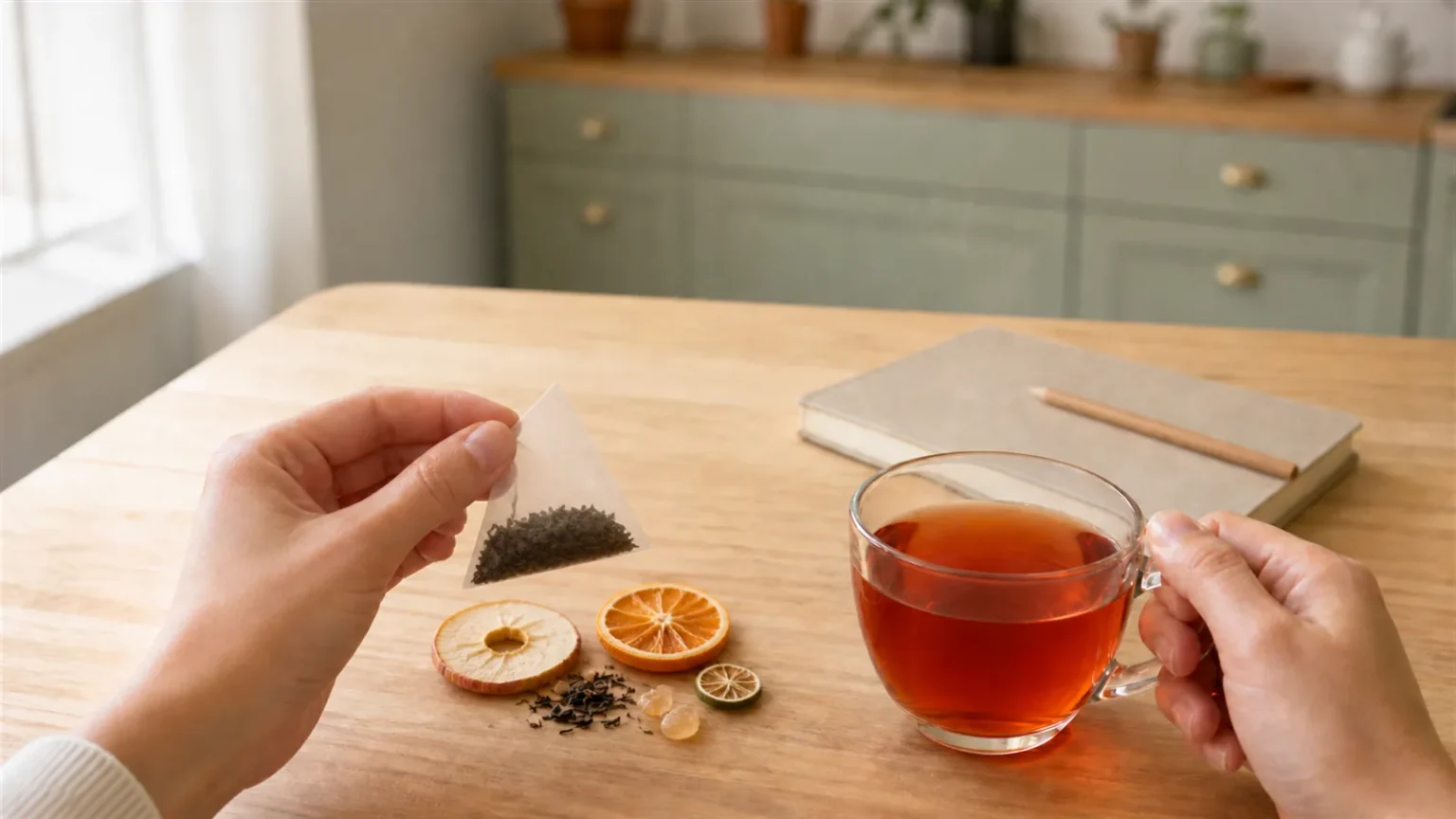 Illustrative comparison of green tea leaves, black tea leaves, and dried fruit infusion ingredients beside three brewed cups