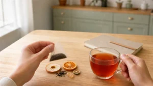 Illustrative comparison of green tea leaves, black tea leaves, and dried fruit infusion ingredients beside three brewed cups