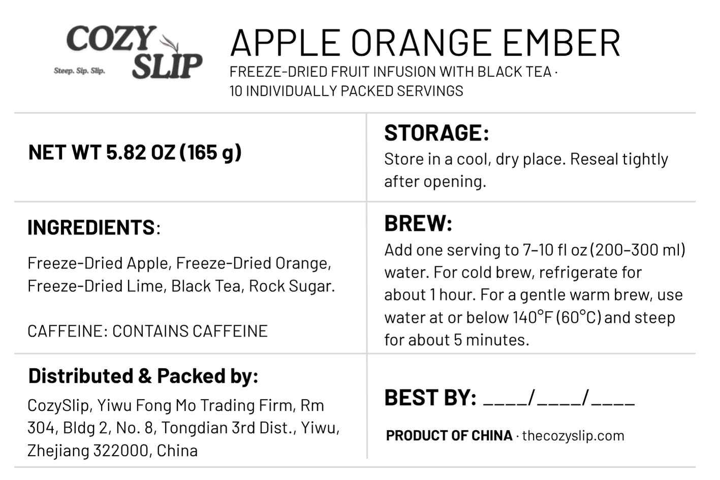 Cozyslip Apple Orange Ember fruit infusion product label