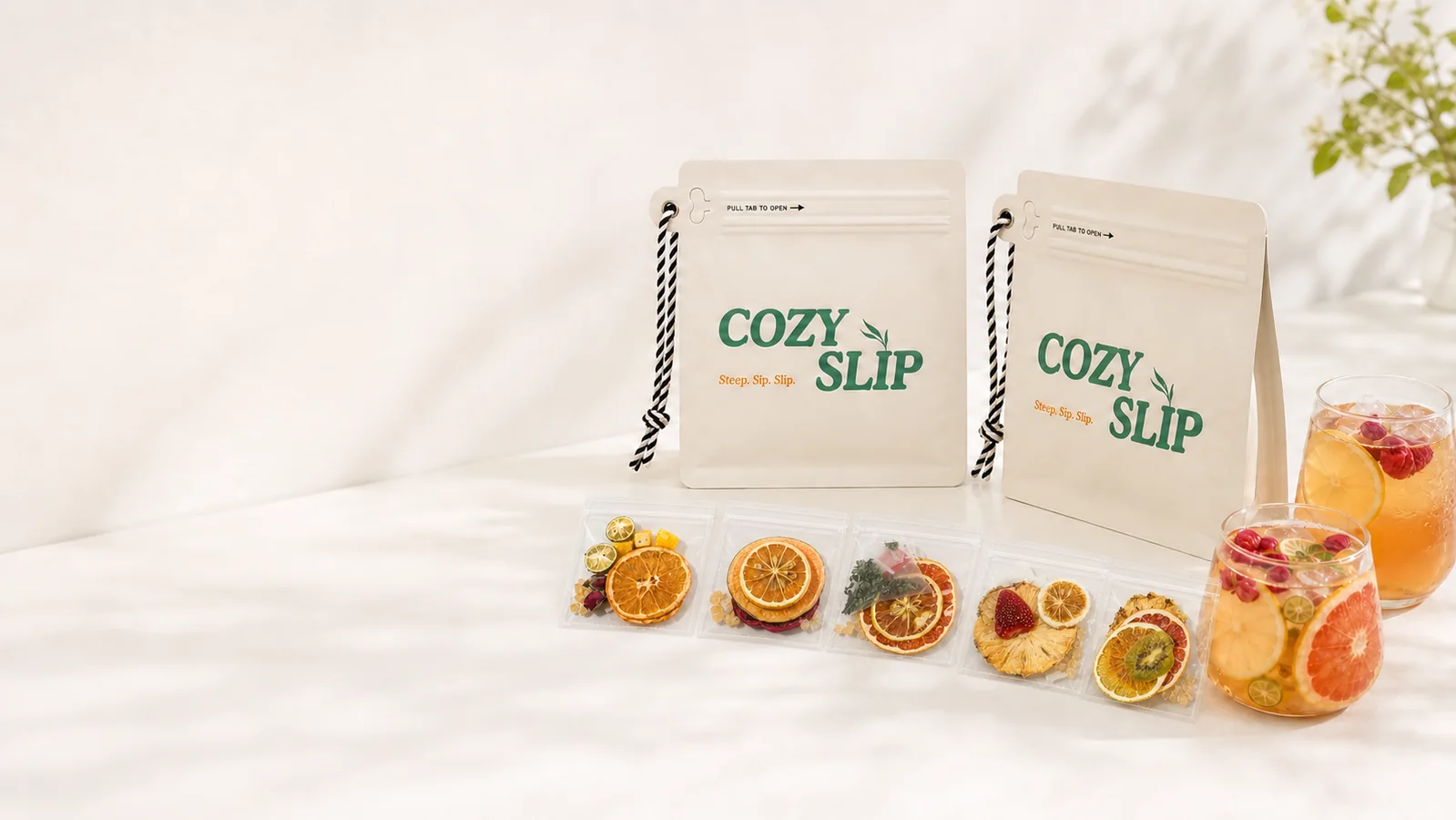 Cozyslip fruit tea pouches with five assorted single-serving samples
