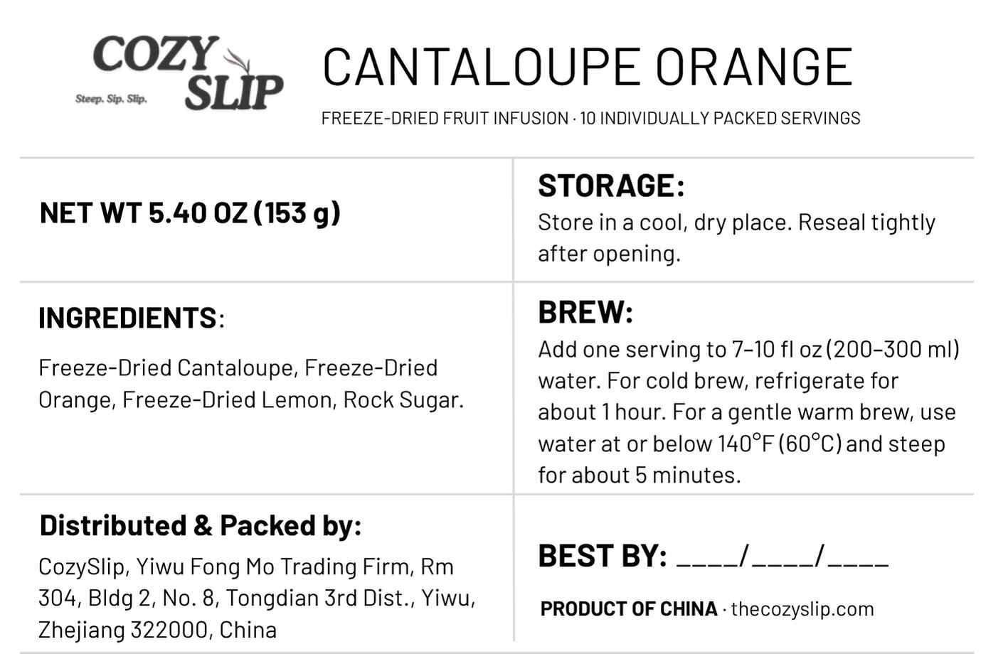 Cozyslip Cantaloupe Orange fruit infusion product label