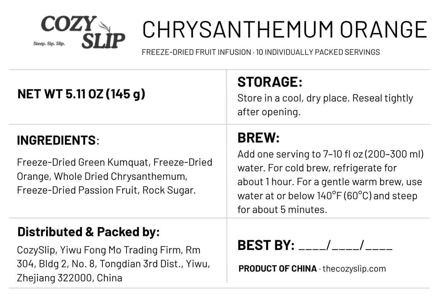 Cozyslip Chrysanthemum Orange fruit infusion product label
