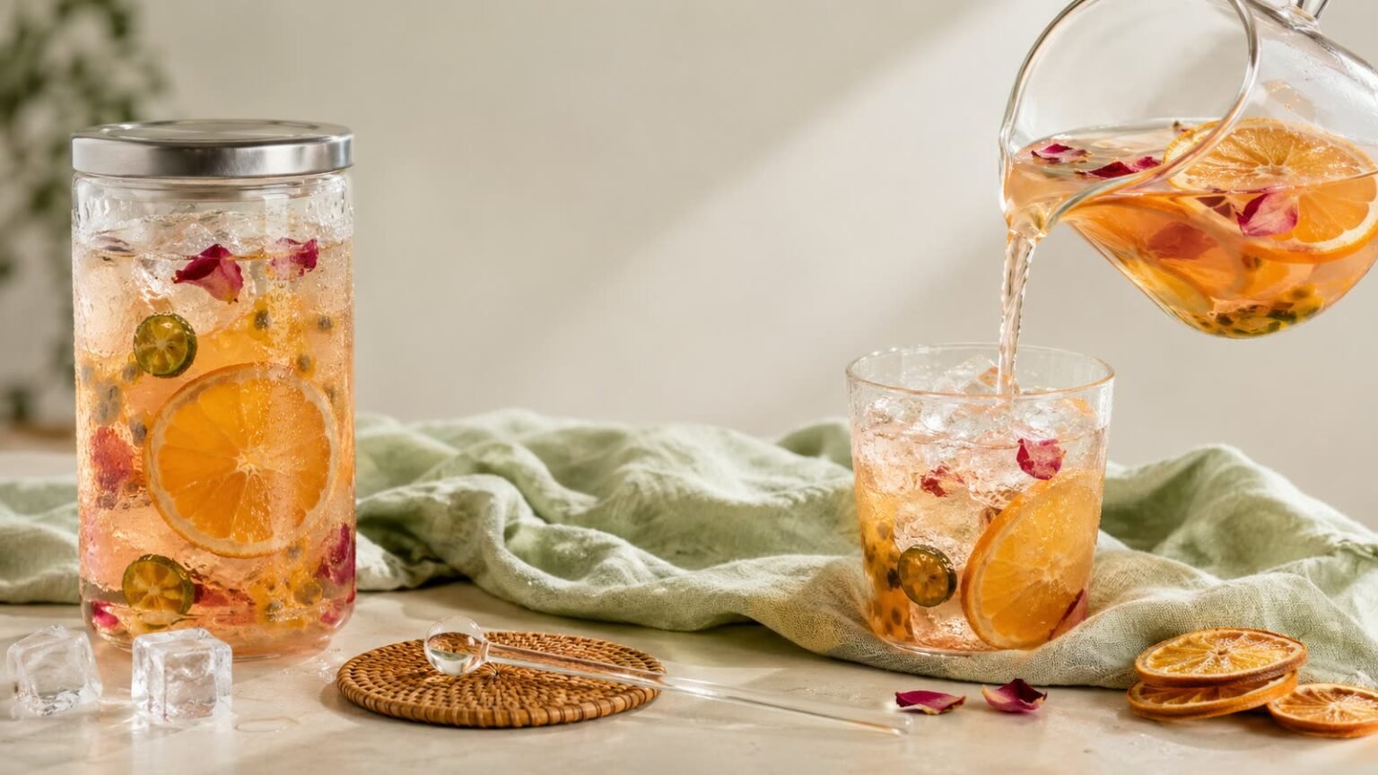 Cold brew fruit tea in a covered jar beside hot-brewed fruit tea poured over ice