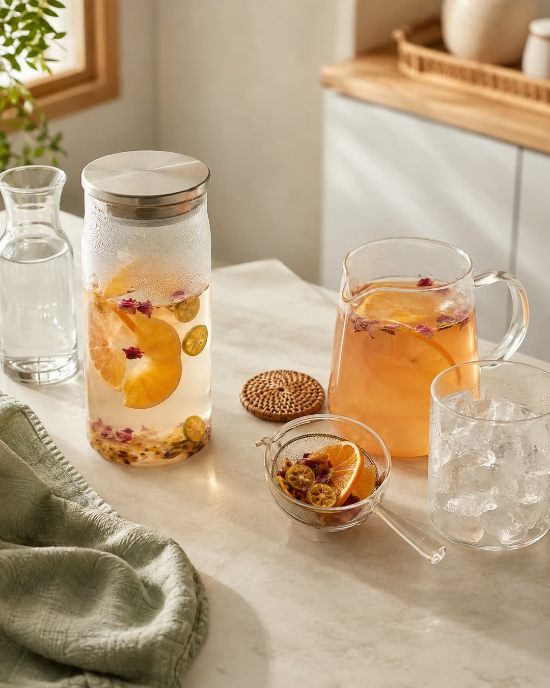 Covered cold-steep fruit tea jar beside hot-brewed fruit tea, a strainer and a glass of ice