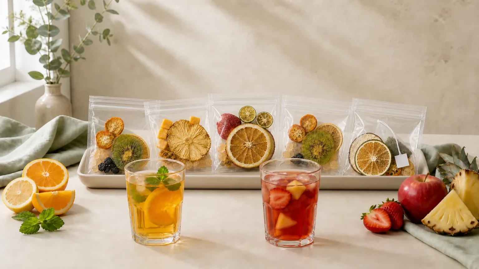 Two full-size fruit tea pouches with apple, strawberry, citrus and pineapple ingredients, two brewed drinks, a gift note and a smaller five-sachet sampler.