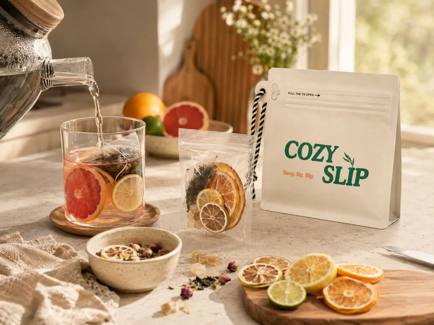 Cozyslip fruit tea being poured beside colorful visible fruit ingredients