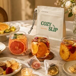 Cozyslip fruit tea pouch with three colorful glass cups and individual servings on a table