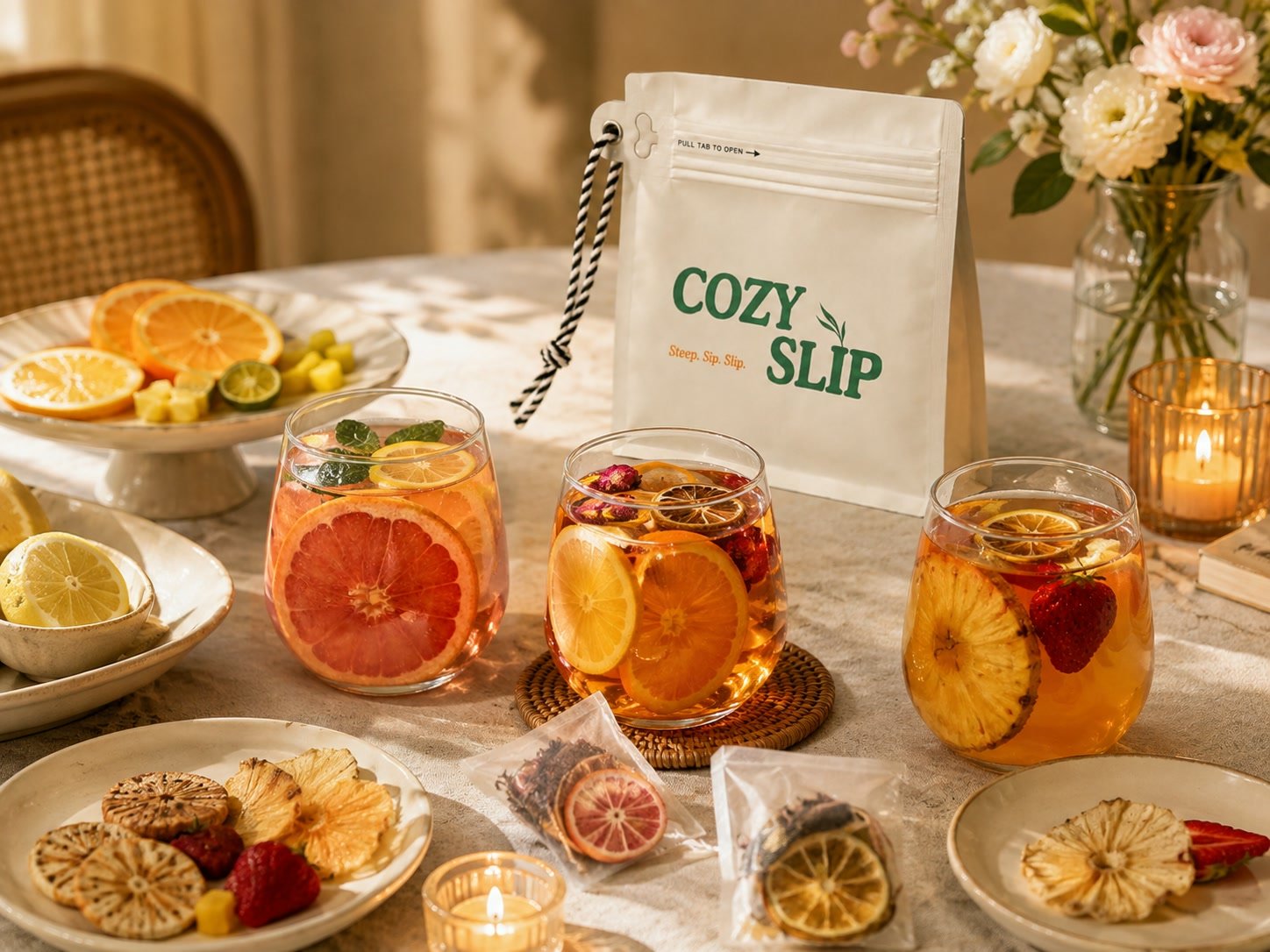 Cozyslip fruit tea pouch with three colorful glass cups and individual servings on a table
