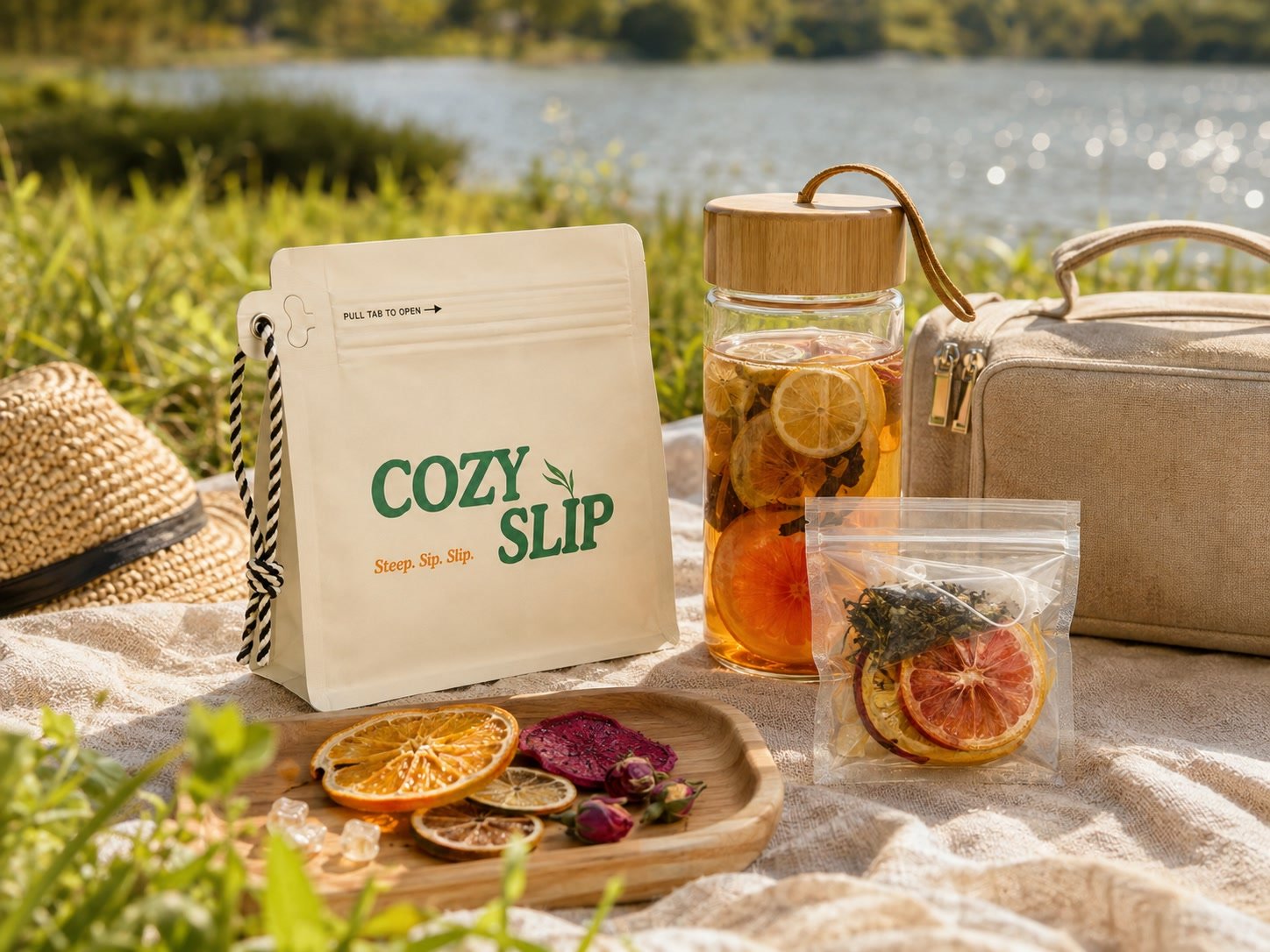 Cozyslip fruit tea in an outdoor picnic setting