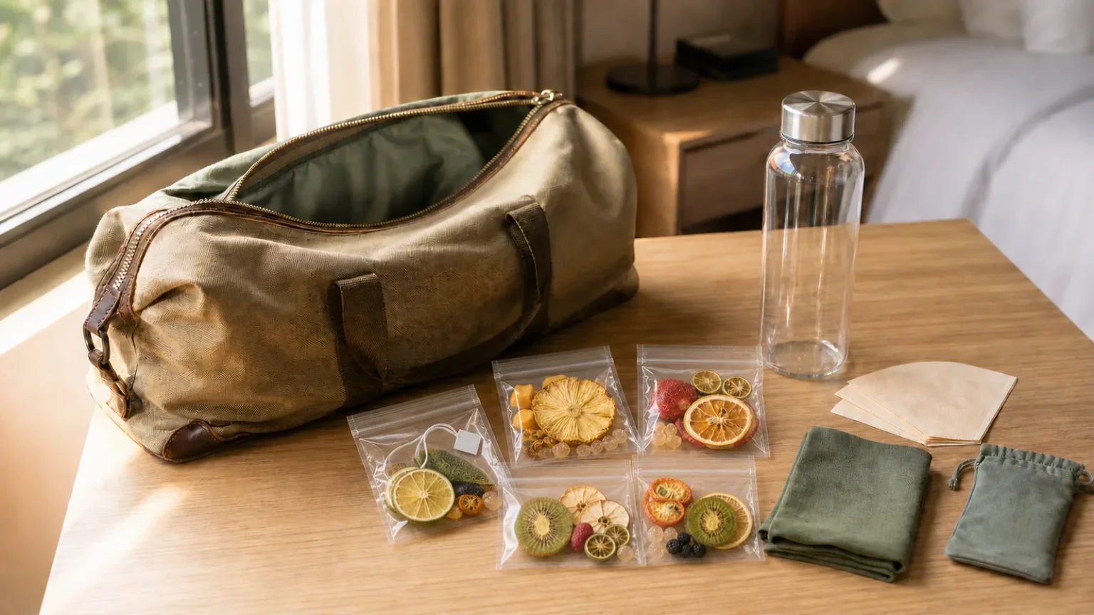 Travel tea kit with dry fruit tea portions, an empty bottle, paper filters, and a cleanup pouch on a hotel desk
