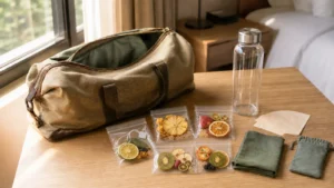 Travel tea kit with dry fruit tea portions, an empty bottle, paper filters, and a cleanup pouch on a hotel desk
